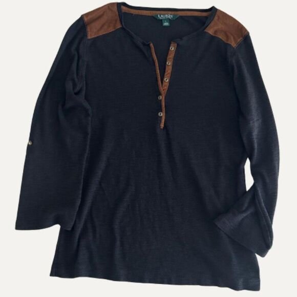 Lauren Ralph Lauren Tops - Lauren Ralph Lauren Black Henley Shirt with Suede Detail – Size L